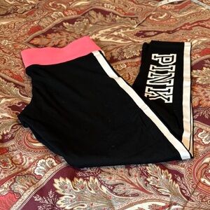 PINK Victoria's Secret Black Leggings with Pink Waistband and White Side Stripe